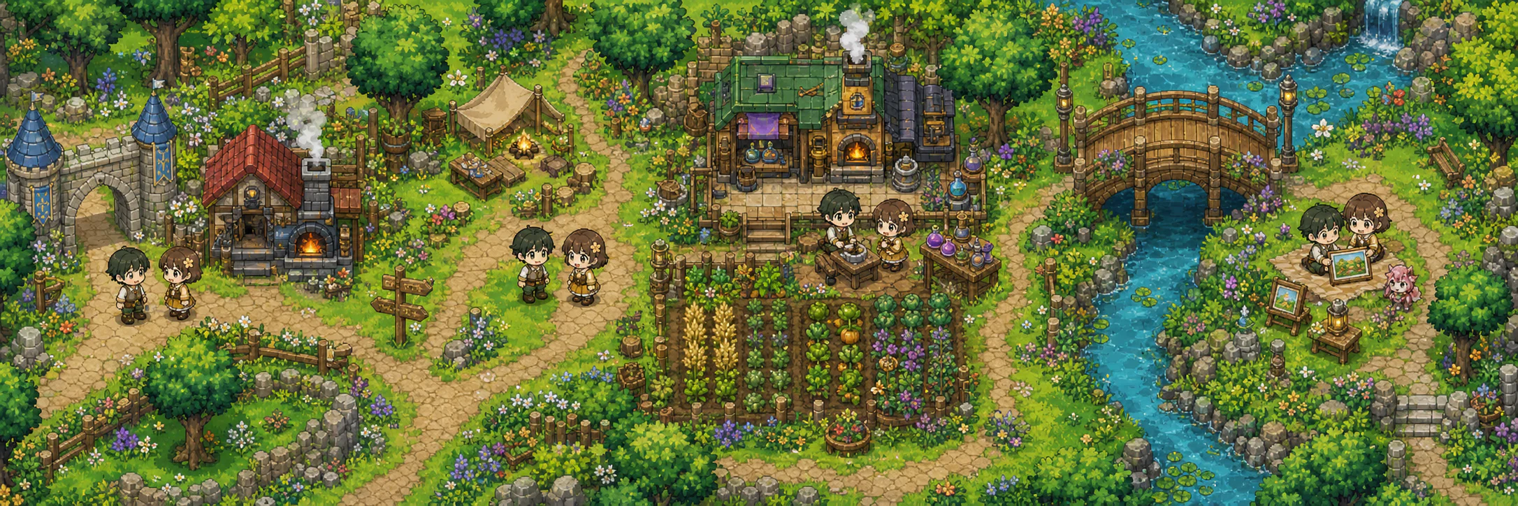 A continuous Miniwo world where characters meet, choose, create, and remember