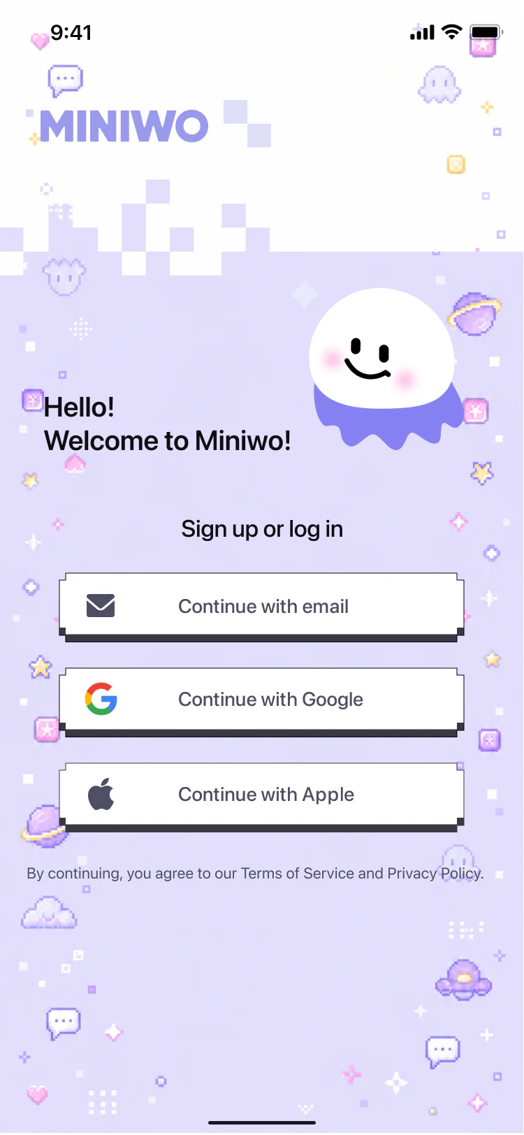 Miniwo sign-up app screen
