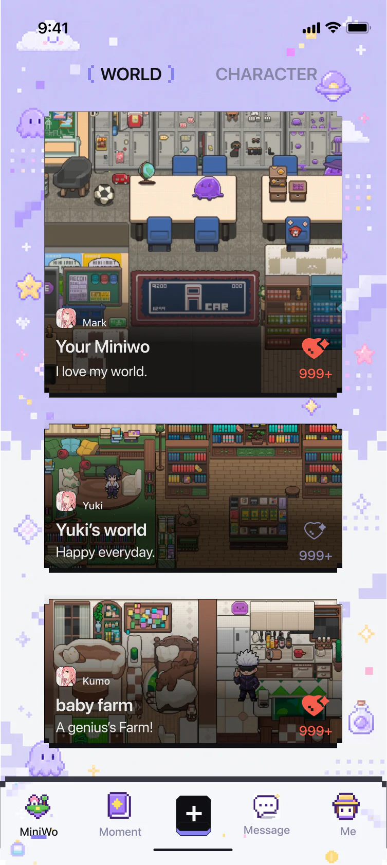 Miniwo player world discovery screen