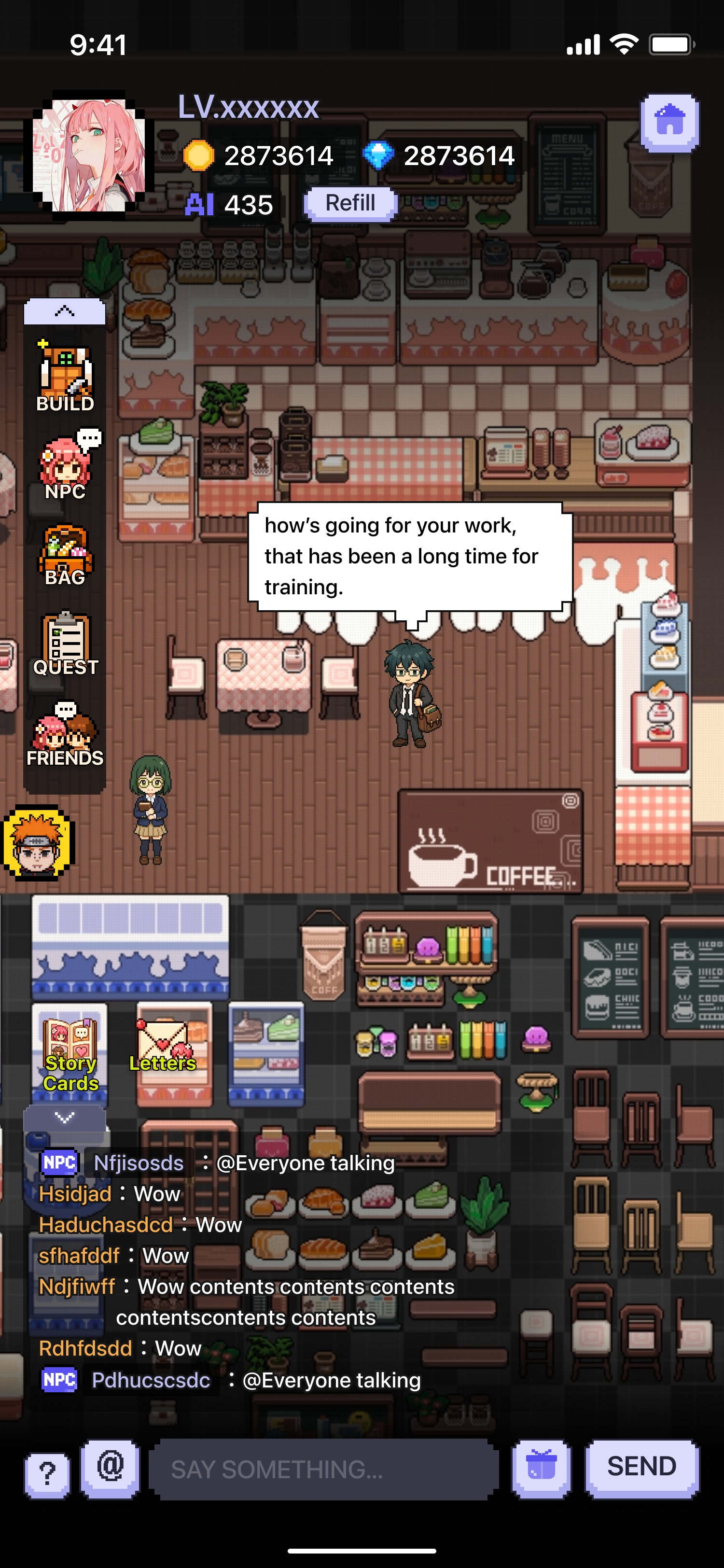 Miniwo character dialogue and live chat screen